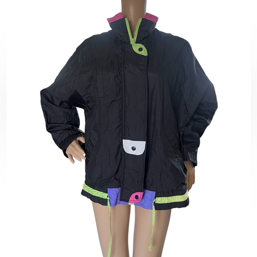 80s Sergio Valente Vintage Windbreaker Black Neon Zip Up Jacket